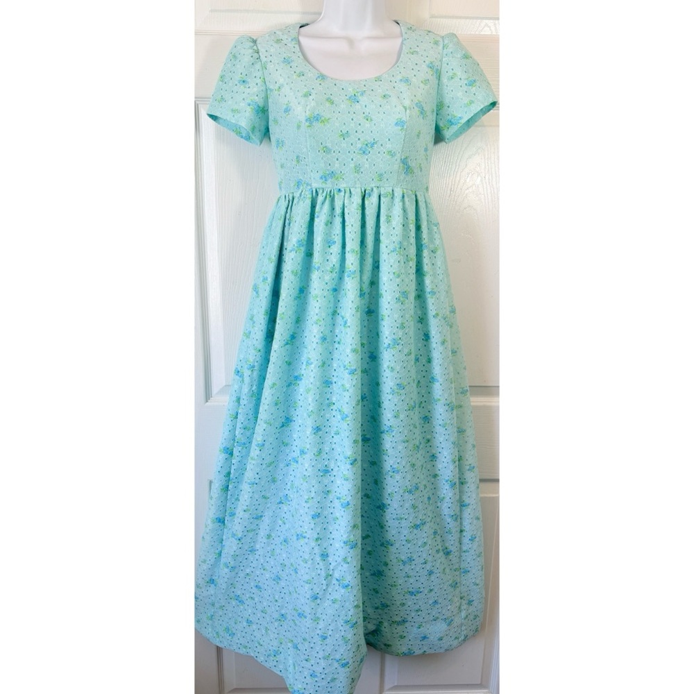 Vtg 70's BRIDGERTON Blue Floral Eyelet Empire Waist Maxi Dress Small